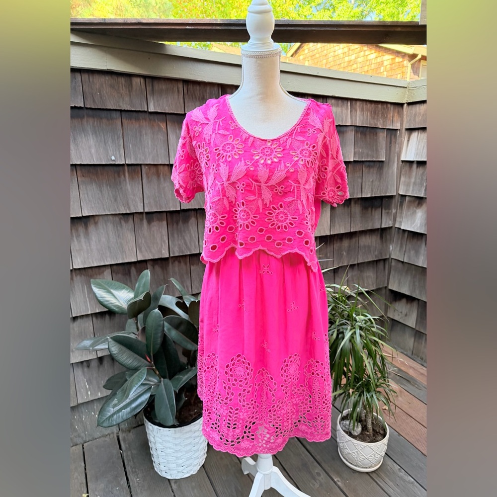 Johnny Was hot pink dress eyelet lace attached top Small